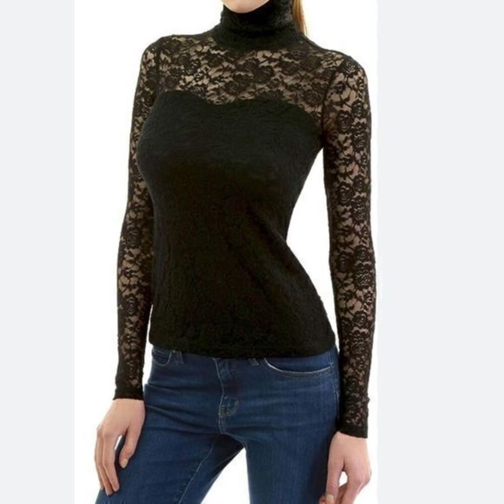 NWT Sheer Black Lace Lightweight High Neck Long Sleeve Top - Picture 3 of 8